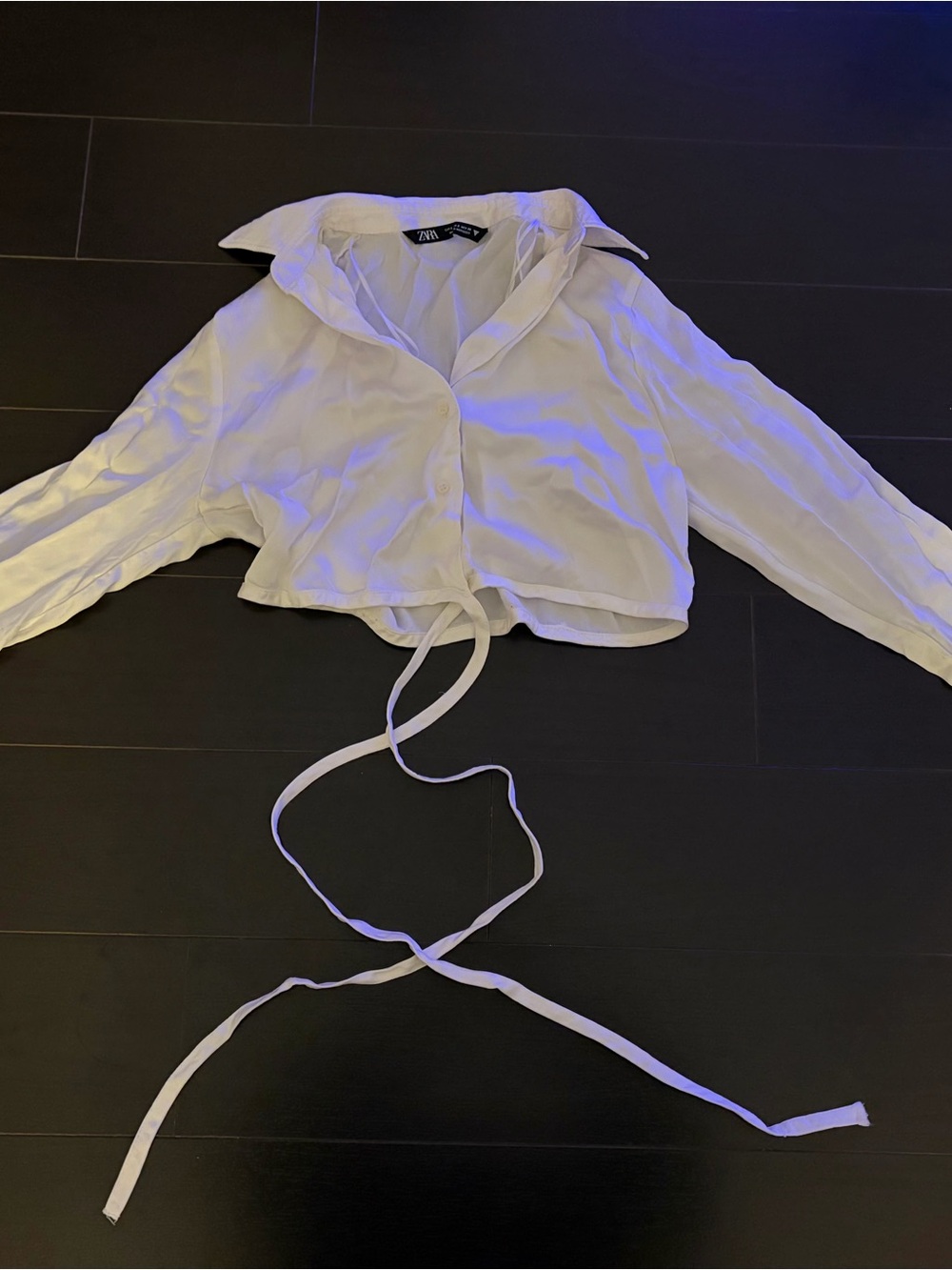 Zara White Cropped Button-Down Tie-Front Shirt